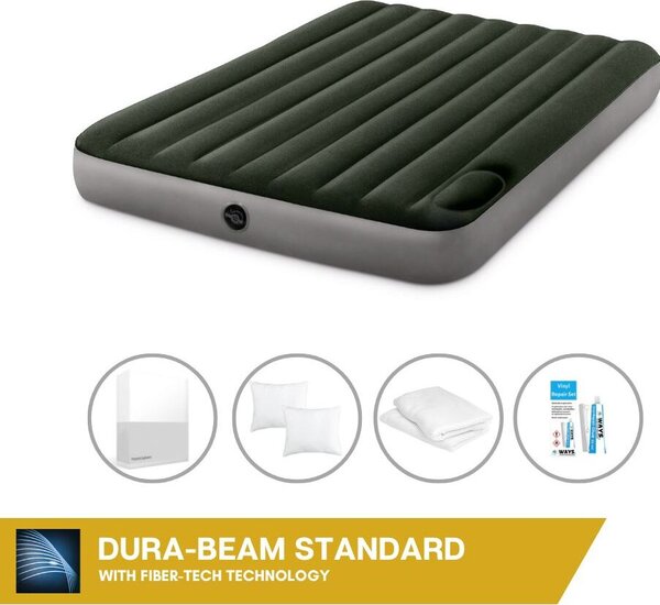Letto ad aria Intex - 2 persone - 152 x 203 x 25 cm - Verde - Con pompa a pedale incorporata + lenzuola bianche + cuscino + federe Molton 2 in 1 + set di riparazione