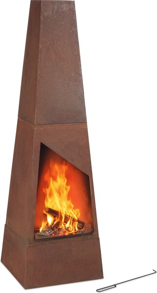 Camino da giardino Relaxdays in acciaio Corten, cassetto raccogli cenere, griglia e attizzatoio, stufa da terrazza in acciaio patinato, dimensioni: 149x45x45 cm, marrone