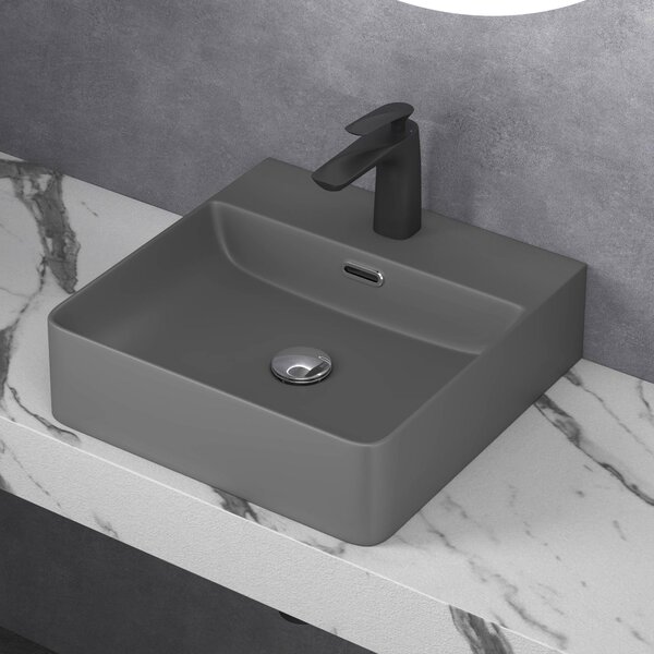 Doporro Lavabo da Appoggio Lavandino Sospeso Bagno Rettangolare 42 cm in Vetroceramica Antracite Opaco con Foro per Rubinetto e Troppopieno - Meissen201