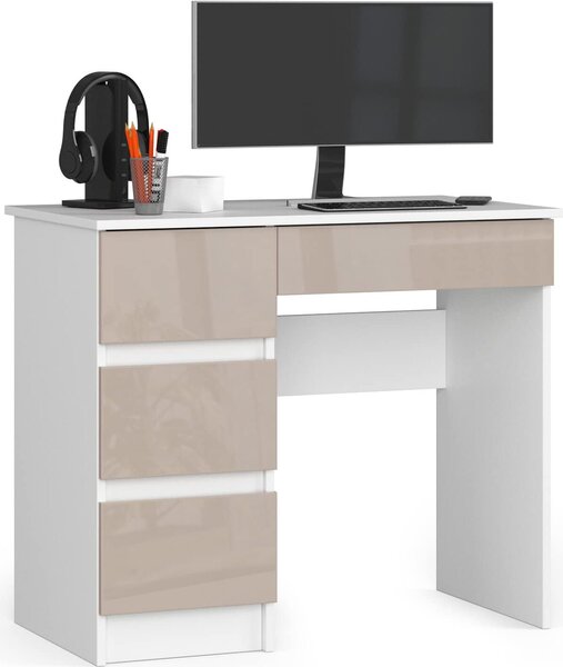 BDW scrivania da ufficio con 4 cassetti, scrivania da gioco, bianco / Capuccino sinistro lucido