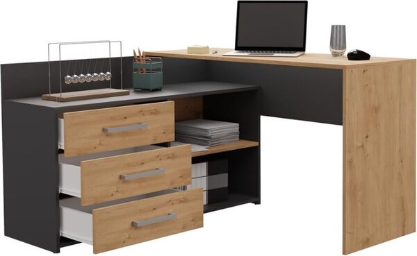 Scrivania angolare BDW, 3 cassetti 2 ripiani, antracite / rovere artigianale, 120x7x50 cm