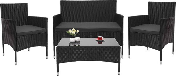 Set in polyrattan MCW-F55, set da balcone/giardino/lounge con divano e sedute ~ nero, cuscini grigio scuro