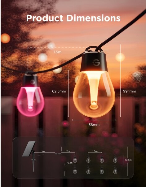 Govee - LED RGBICW Catena luminosa solare 8xLED/6W/5V Wi-Fi Matter IP67