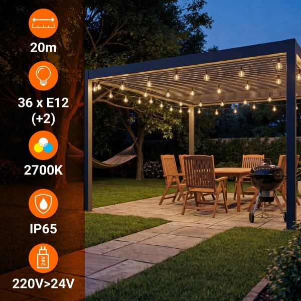 Catena luminosa decorativa da esterno LED dimmerabile 36xE12/1W/24/230V 22,35 m IP65 nero + telecomando