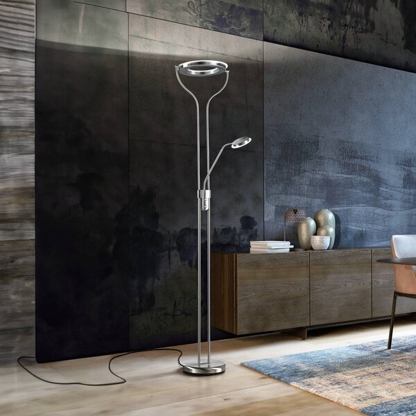 FISCHER & HONSEL Lampada da terra con luce lettura Davos, dimmerabile, Alluminio / Grigio / Zincato, Soggiorno / Sala da pranzo, Metallo, Lampada LED da terra