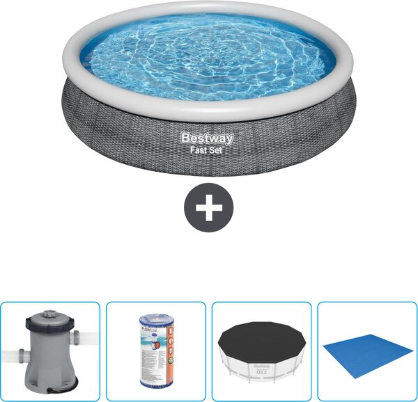 Piscina gonfiabile rotonda Bestway - stampa rattan - 366 x 76 cm - inclusa pompa - filtro - copertura - telo di fondo