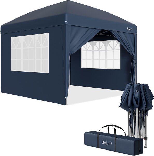 Gazebo pieghevole Zelsius 3x3 m con pareti laterali, blu, gazebo pieghevole UV30, tenda da giardino pieghevole