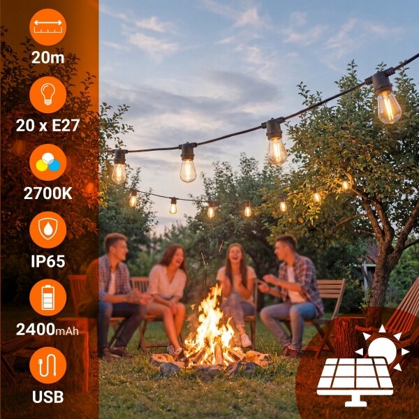 LED Stm catena luminosa decorativa solare 20xE27/3V USB 2400 mAh 20,62 m IP65 nera + telecomando