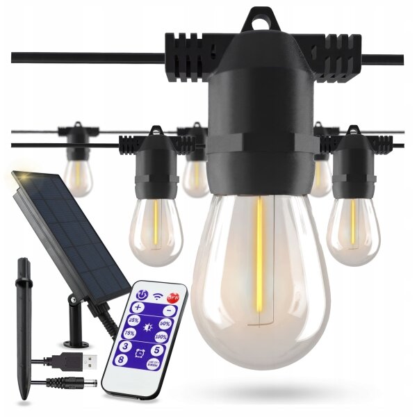 LED Stm catena luminosa decorativa solare 20xE27/3V USB 2400 mAh 20,62 m IP65 nera + telecomando
