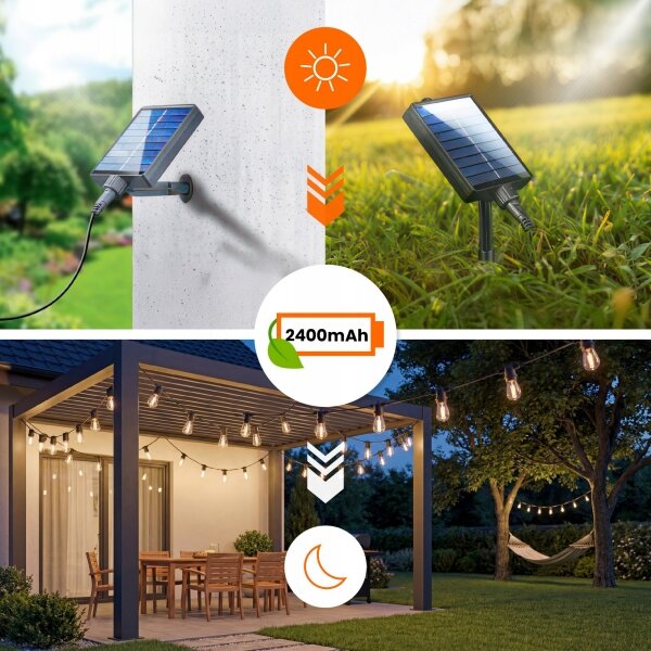 LED Stm catena luminosa decorativa solare 20xE27/3V USB 2400 mAh 20,62 m IP65 nera + telecomando