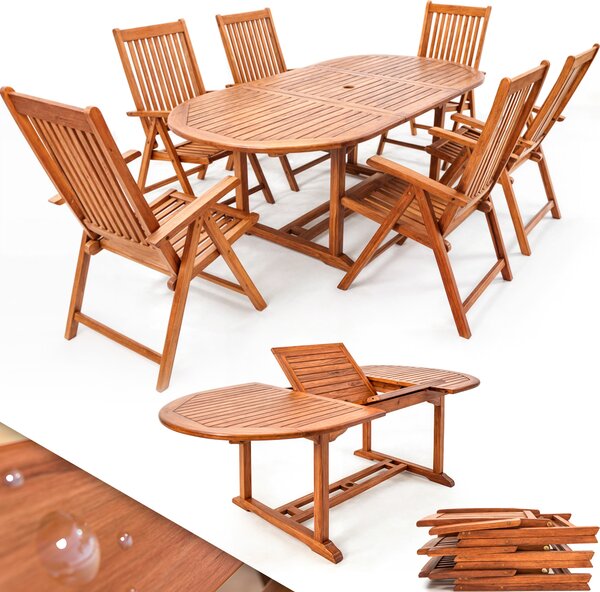Casaria® Set di Mobili da Giardino in Legno Eucalipto 6 Sedie Pieghevoli con Tavolo Certificazione FSC® con Porta Ombrellone Braccioli Giardino Balcone Terrazza 7 Pezzi