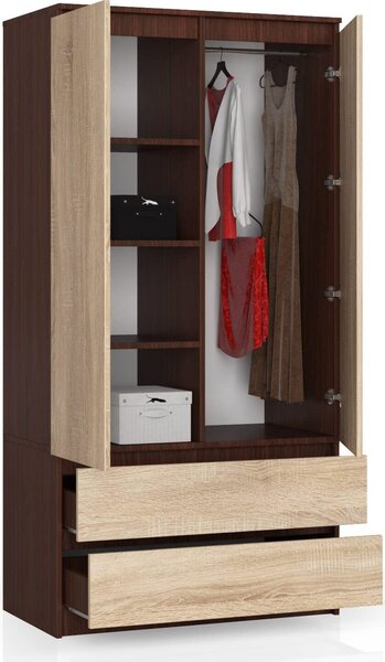BDW, armadio 2 ante, 2 cassetti, 180x90x51 cm, wengé / rovere Sonoma