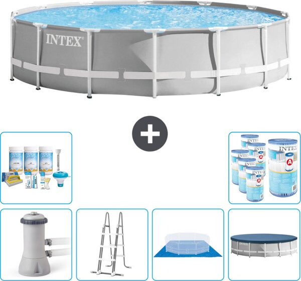 Piscina Intex Round Prism Frame - 427 x 107 cm - Grigio - inclusa pompa - scaletta - telo di fondo - pacchetto di manutenzione della copertura - filtro