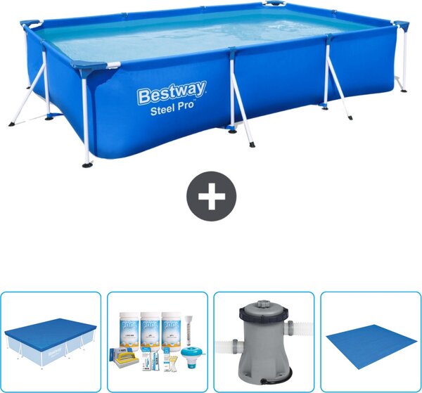 Piscina Bestway Steel Pro rettangolare - 300 x 201 x 66 cm - blu - include copertura - pacchetto manutenzione - pompa - telo di fondo