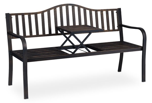 Panchina da giardino Relaxdays con tavolino ribaltabile, 3 posti, da giardino, in metallo, per balcone, L x P x A 89 x 150 x 58,5 cm, nero-bronzo