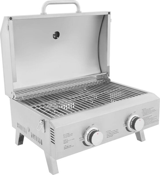 Barbecue a gas - Barbecue da tavolo - 2 bruciatori - Acciaio inossidabile - Pieghevole - Portatile - Per il campeggio - Argento