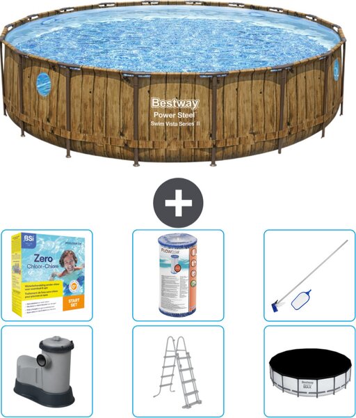 Piscina Bestway Round Power Steel Swim Vista - stampa su legno - 549 x 122 - inclusa pompa - scaletta - copertura pacchetto manutenzione - filtro - kit pulizia