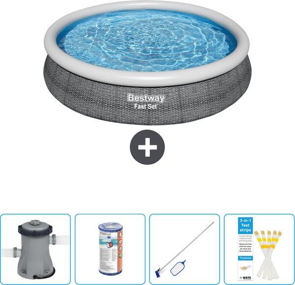 Bestway piscina gonfiabile rotonda ad ambientazione rapida - stampa rattan - 366 x 76 cm - compresa pompa - filtro - kit di pulizia - strisce reattive