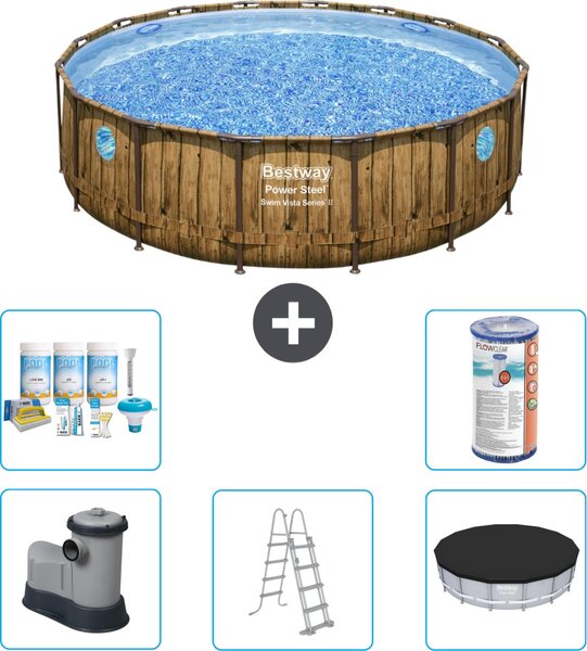 Piscina Bestway Round Power Steel Swim Vista - stampa su legno - 488 x 122 - inclusa pompa - scaletta - copertura pacchetto manutenzione - filtro