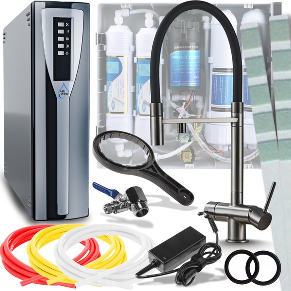Rubinetto da cucina a 3 vie Ari HighFlex con doccetta estraibile, canna girevole a 360 gradi, per acqua filtrata, grafite