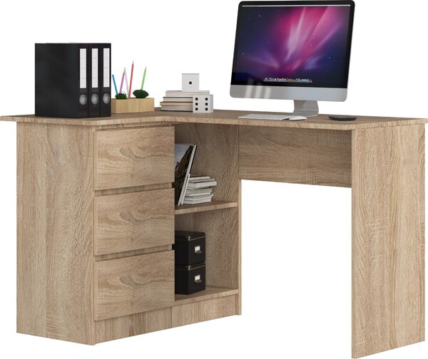 Scrivania ad angolo B16 CLP in rovere sonoma con ripiani e cassetti 124,5 cm