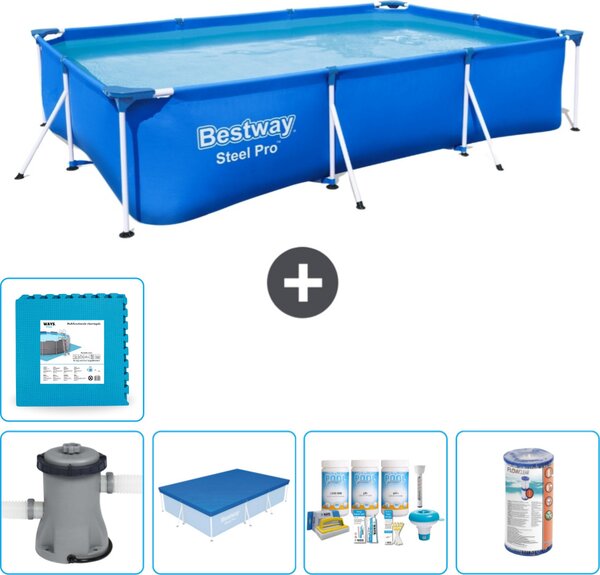 Piscina Bestway Pro rettangolare in acciaio - 300 x 201 x 66 cm - blu - inclusa copertura della pompa - pacchetto manutenzione - filtro - piastrelle per il pavimento