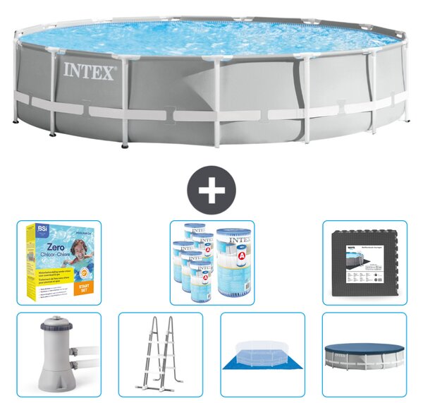 Piscina Intex Round Prism Frame - 457 x 107 cm - Grigio - inclusa pompa - scaletta - telo di fondo - pacchetto di manutenzione della copertura - filtro - piastrelle per il pavimento