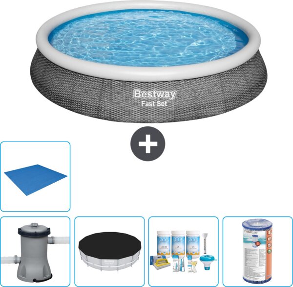 Piscina gonfiabile rotonda Bestway a presa rapida - stampa rattan - 396 x 84 cm - inclusa copertura della pompa - pacchetto manutenzione - filtro - copertura del terreno