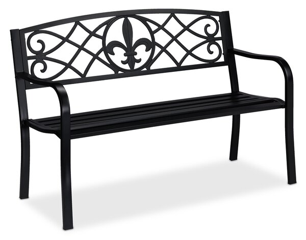 Panchina da giardino Relaxdays, motivo Fleur de Lis, a due posti, in acciaio, per giardino e terrazza, A x L x P: 86 x 127 x 60 cm, nera
