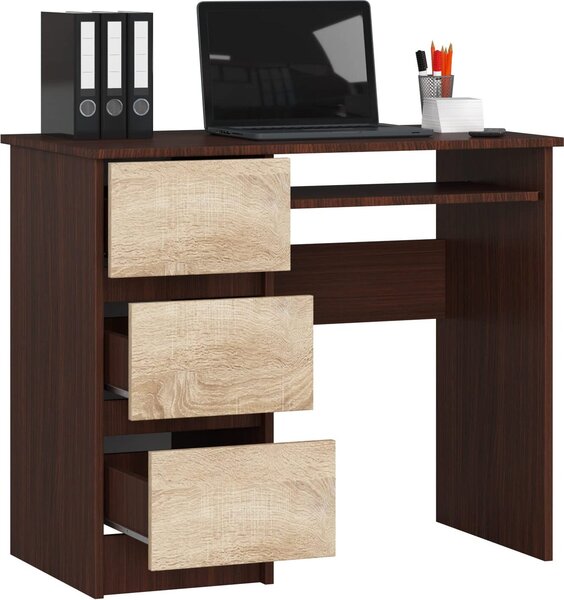 BDW, scrivania per computer con 3 cassetti, cassetto per tastiera, 90x77x50 cm, Venga / rovere Sonoma (a sinistra)
