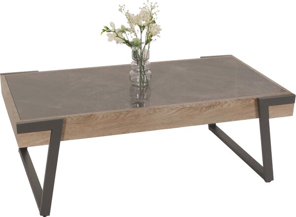 Tavolino da salotto MCW-L89, tavolino da divano, ferro 43x120x64 cm, pietra sinterizzata effetto marmo grigio, legno grigio-marrone