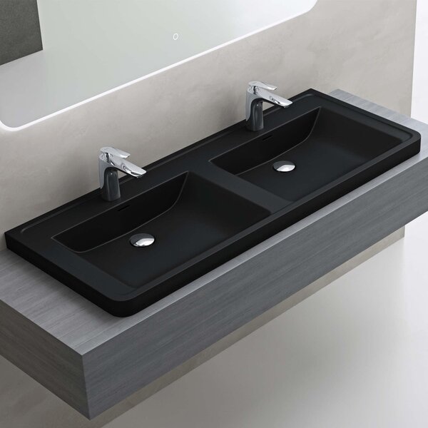 Doporro Lavabo da Appoggio, Lavandino Bagno 120x48x14,5cm, Lavabo da Minerale Fuso Colossum08, Nero opaco