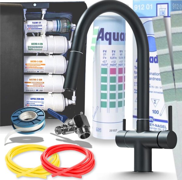 Rubinetto da cucina a 3 vie Ari Slender con doccetta estraibile e girevole 360, due vie acqua, nero opaco, per filtro acqua