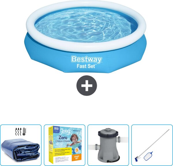 Piscina gonfiabile rotonda Bestway a presa rapida - 305 x 66 cm - blu - include tenda da sole - pacchetto manutenzione - pompa - kit di pulizia
