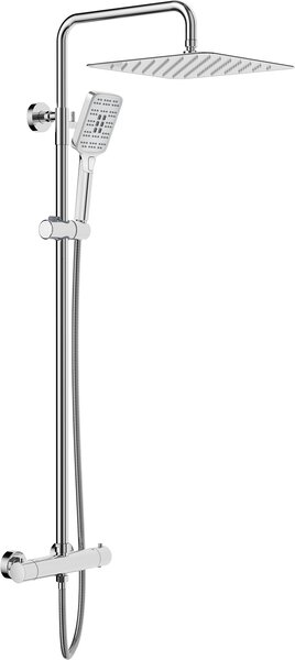 Sistema doccia Rainsworth con termostato, doccia a pioggia quadrata in acciaio inox da 30 cm, soffione a 3 modalità di getto, set doccia 92-126 cm, cromo