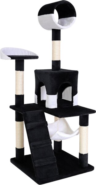 Tiragraffi lionto, elegante albero per gatti da 133 cm con copertura in peluche, robusti pali in sisal e versatili aree di riposo, nero/bianco