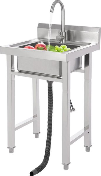 Lavello in acciaio inox per la ristorazione - Da appoggio Vasca singola - Con rubinetto - Rubinetto girevole a 360° - Cestello filtrante - Piedini regolabili - Argento