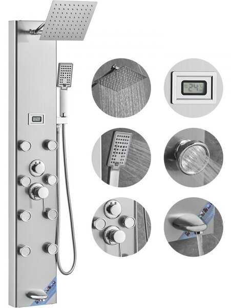 Sistema a pannello doccia - 5 modalità doccia - display digitale - pioggia - 8 getti massaggianti - bocca da bagno - doccetta con 3 impostazioni - tubo flessibile da 59 pollici - set doccia a parete in acciaio inox