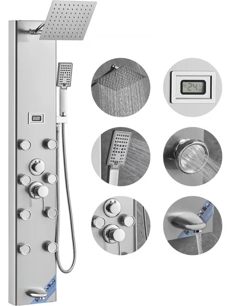 Sistema a pannello doccia - 5 modalità doccia - display digitale - pioggia - 8 getti massaggianti - bocca da bagno - doccetta con 3 impostazioni - tubo flessibile da 59 pollici - set doccia a parete in acciaio inox