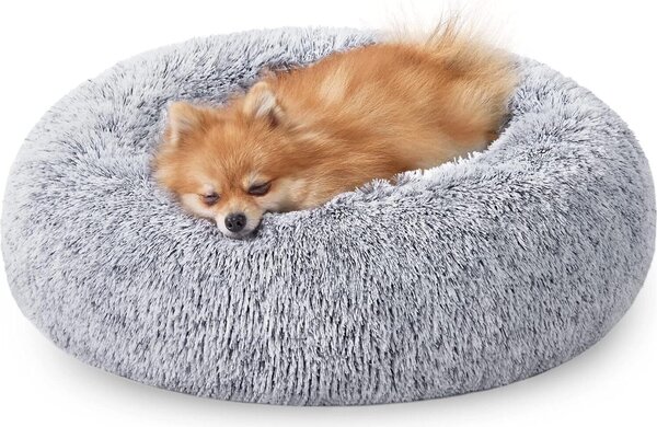 Feandrea Lettino per cani, letto per gatti, cuscino a ciambella, lavabile, imbottitura centrale rimovibile, peluche lungo, diametro 60 cm, grigio ombreggiato