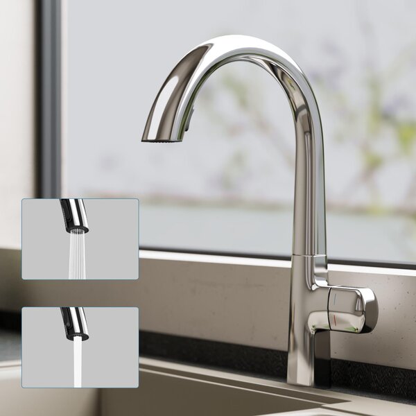 Doporro Miscelatore Cucina con Doccia Estraibile, Rubinetto Monocomando in Ottone Silber con Cartuccia in Ceramica, 2 Modalit di Getto, Rotazione 360¡ã, MS-8095