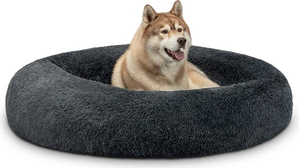 Lionto Donut dog bed, divano rotondo per cani con rivestimento in peluche e borchie antiscivolo, morbido e accogliente, diametro 120 cm, grigio scuro