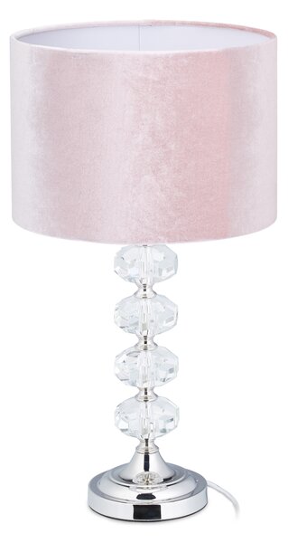 Lampada da tavolo Relaxdays, velluto e cristallo, A x P: 47 x 26 cm, attacco E14, lampada da comodino, illuminazione indiretta, rosa