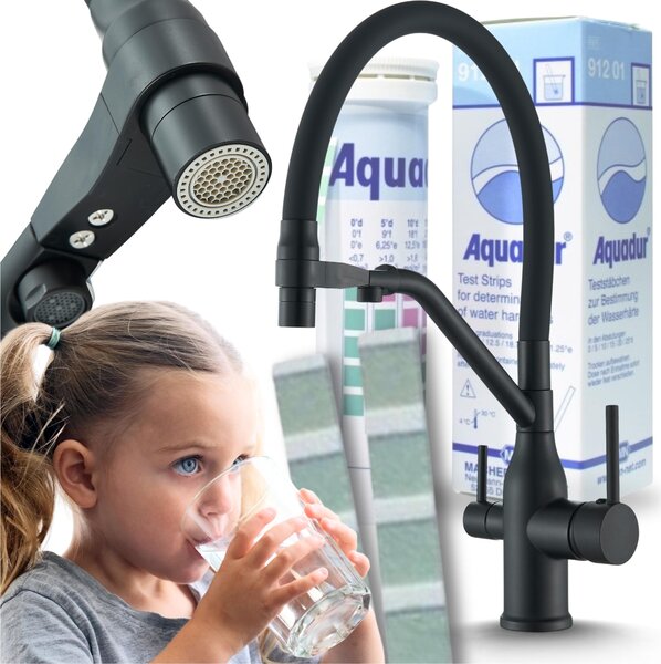 Rubinetto da cucina a 3 vie Ari Magneto con doccetta estraibile e beccuccio girevole 360, nero opaco, per acqua filtrata