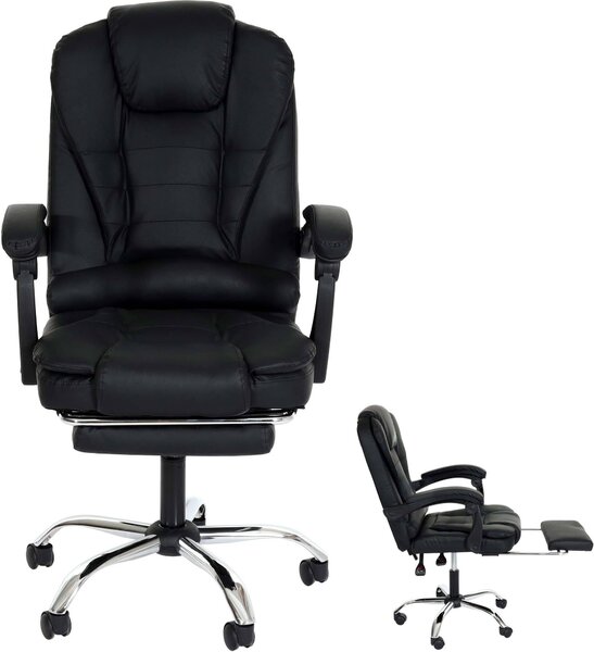 Sedia da ufficio HWC-M80, sedia da scrivania girevole sedia executive, poggiapiedi estensibile imitazione pelle base argento ~ nero