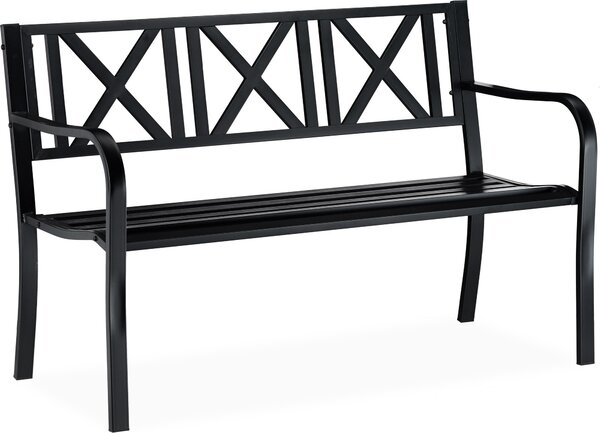Panchina da giardino Relaxdays in metallo, a 2 posti, robusta, per terrazza, balcone, panchina da relax, HxLxP 81 x 127 x 56 cm, acciaio, nera