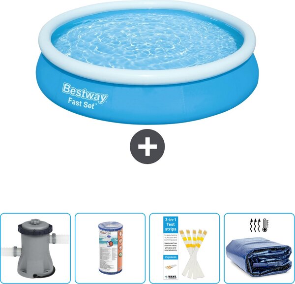Piscina gonfiabile rotonda Bestway Fast-Set - 366 x 76 cm - blu - inclusa pompa - filtro - strisce reattive - tenda da sole