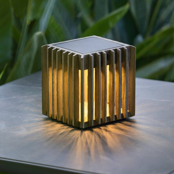 Les Jardins Lampada da tavolo solare Verti LED, grigio teak, 3.000 K, 300 lm Verti, dimmerabile, Legno chiaro, Legno, Moderno, Lampade solari