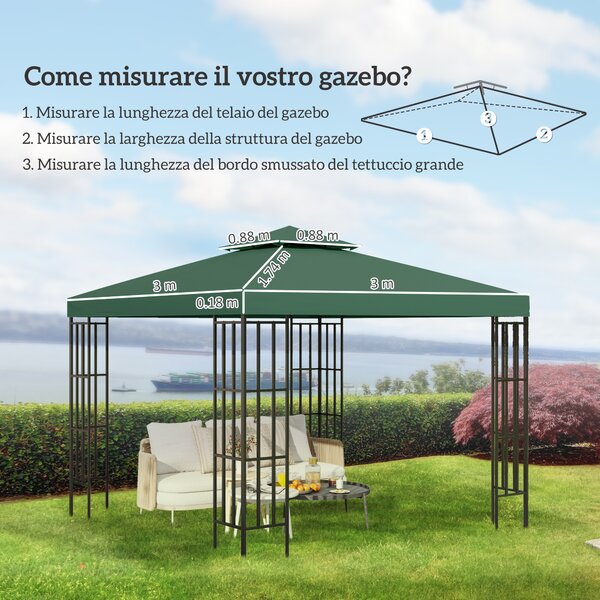 Outsunny Copertura per Gazebo 3x3 da Giardino Tetto Sostitutivo Anti-UV Impermeabile in Poliestere Verde Scuro