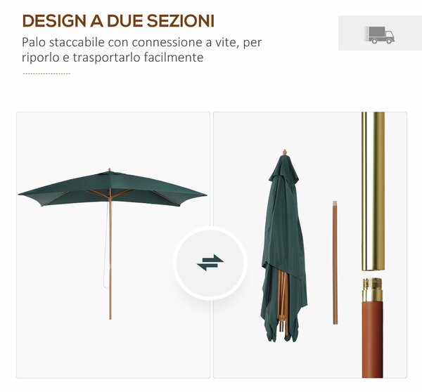 Outsunny Ombrellone da Giardino 2x2.95x2.55m, Parasole Impermeabile in Legno, Protezione UV, Facile Apertura, Verde|Aosom